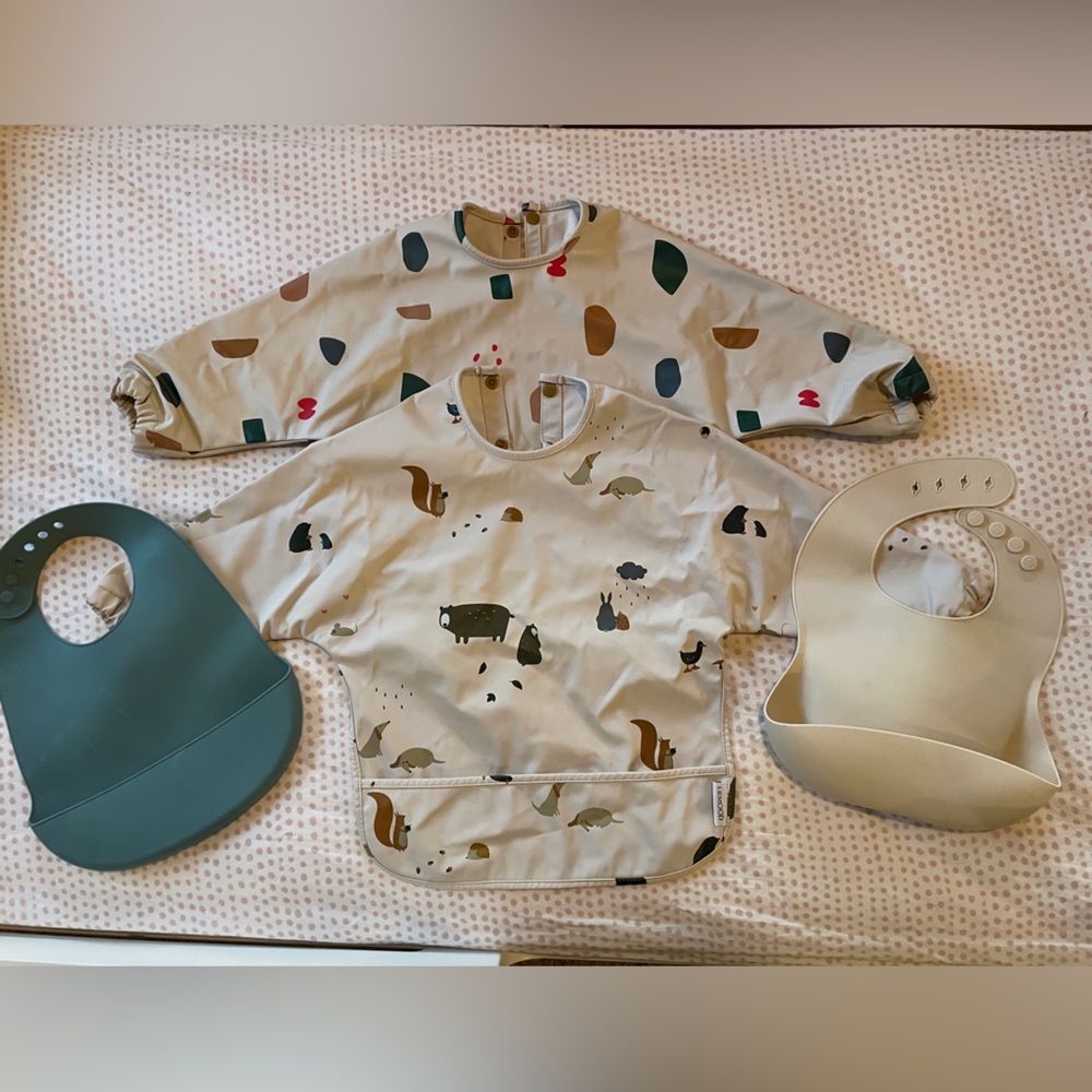 Liewood Bibs with Sleeves + Mushie Silicone Bibs bundle of 4pcs